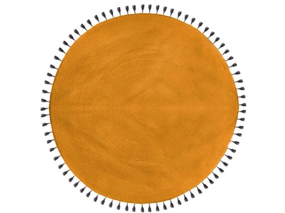Στρογγυλό Χαλί Σαλονιού Δωματίου Βαμβακερό χρώμα της Ώχρας, με κρόσια, διάμετρος 118cm