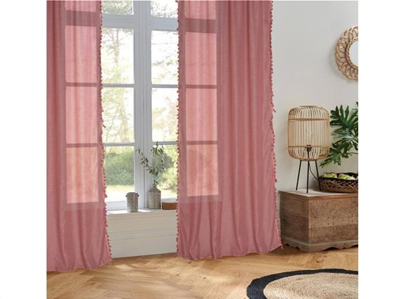 Κουρτίνα έτοιμη με τρέσα σε ροζ χρώμα ημιδιάφανη, με σχέδιο pom pom στις άκρες, 140x240 cm
