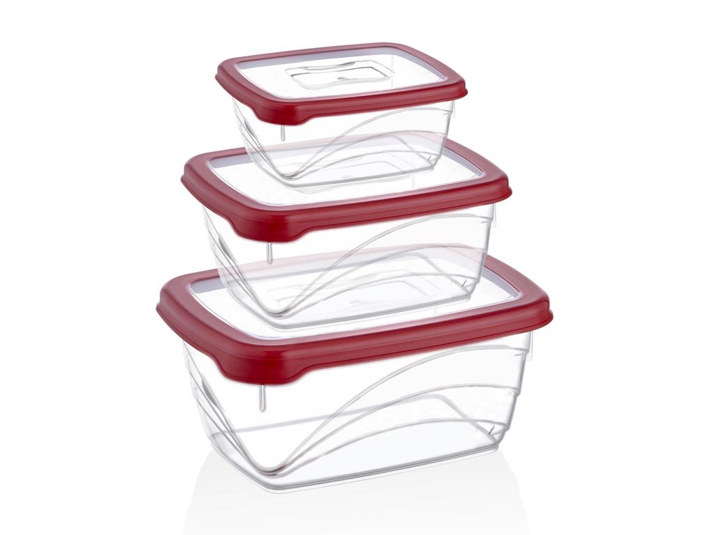 Herzberg Σετ Πλαστικά Φαγητοδοχεία Μπολ 3 τεμαχίων, σε κόκκινο χρώμα, Extra Bio Saver, HG-L771
