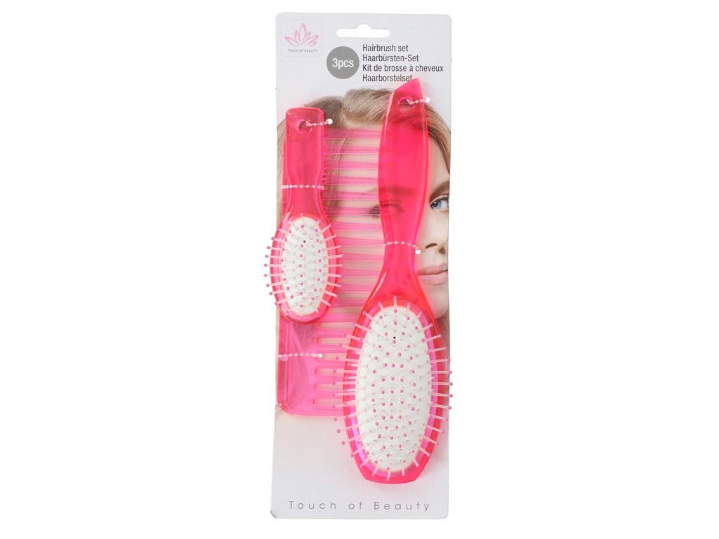 Σετ πλαστικές Βούρτσες Μαλλιών 3 τεμαχίων σε οβάλ σχήμα σε 3 μεγέθη, Hairbrush set Ροζ