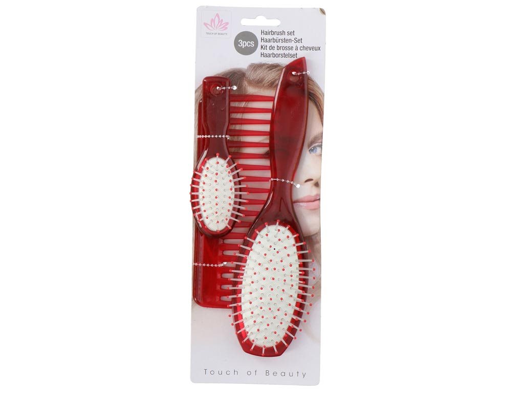 Σετ πλαστικές Βούρτσες Μαλλιών 3 τεμαχίων σε οβάλ σχήμα σε 3 μεγέθη, Hairbrush set Κόκκινο