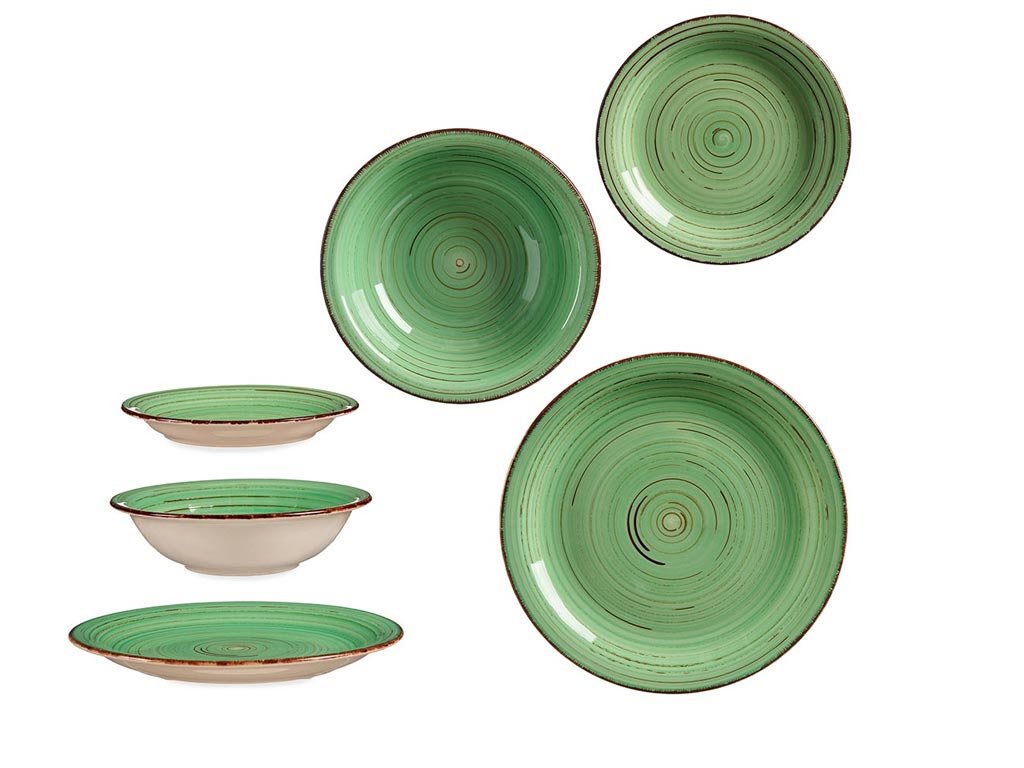 Πήλινο Σετ Σερβίτσιο Πιάτων 18 τεμαχίων σε πράσινο χρώμα με καφέ τελείωμα γύρω γύρω, διάφορα μεγέθη