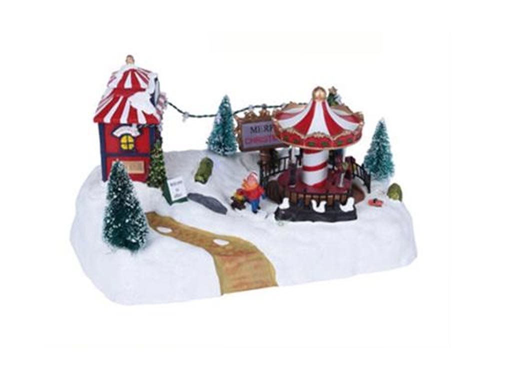 Aria Trade Χριστουγεννιάτικο Διακοσμητικό Xιονισμένο Πάρκο με Έλατα Led φωτισμό Κίνηση 18.5x28x17cm Καρουζέλ