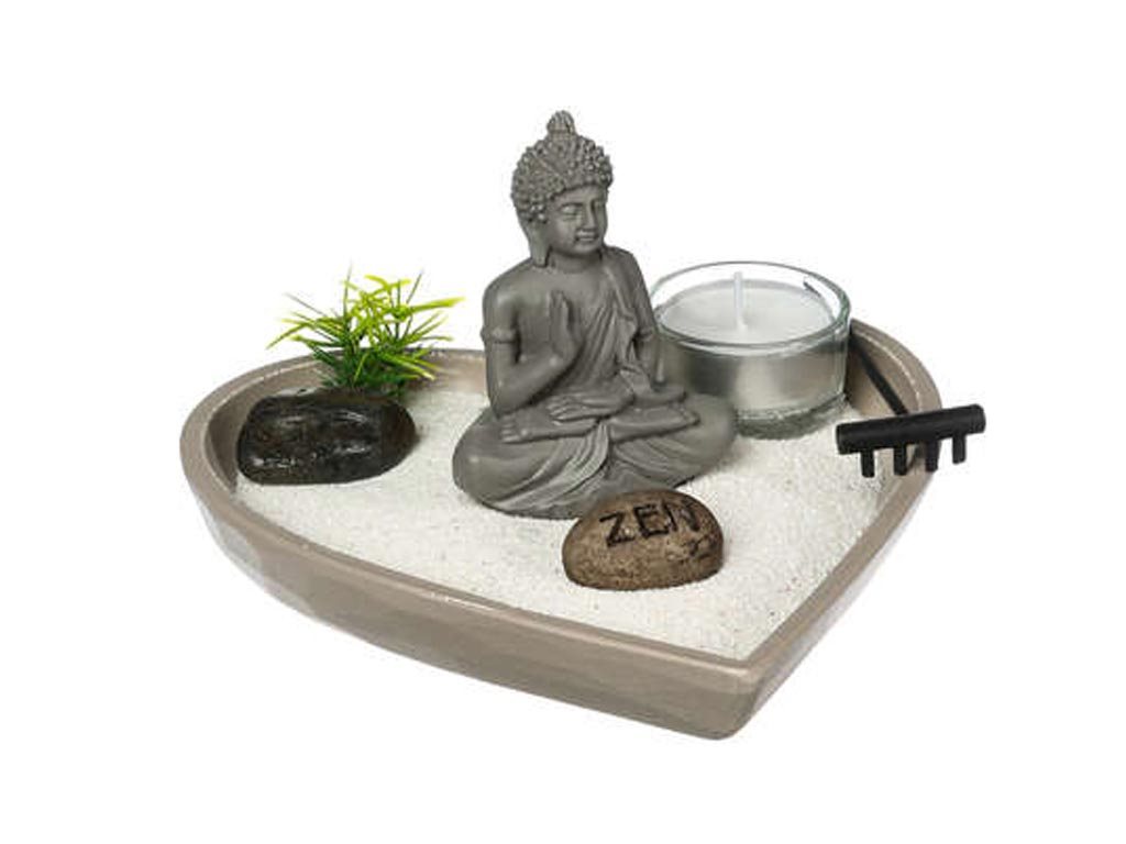 Aria Trade Επιτραπέζιο ξύλινο Zen Garden με Βούδα και άμμο, Βάση σε σχήμα Καρδιάς, 16.5x16x8.5 cm Γκρι