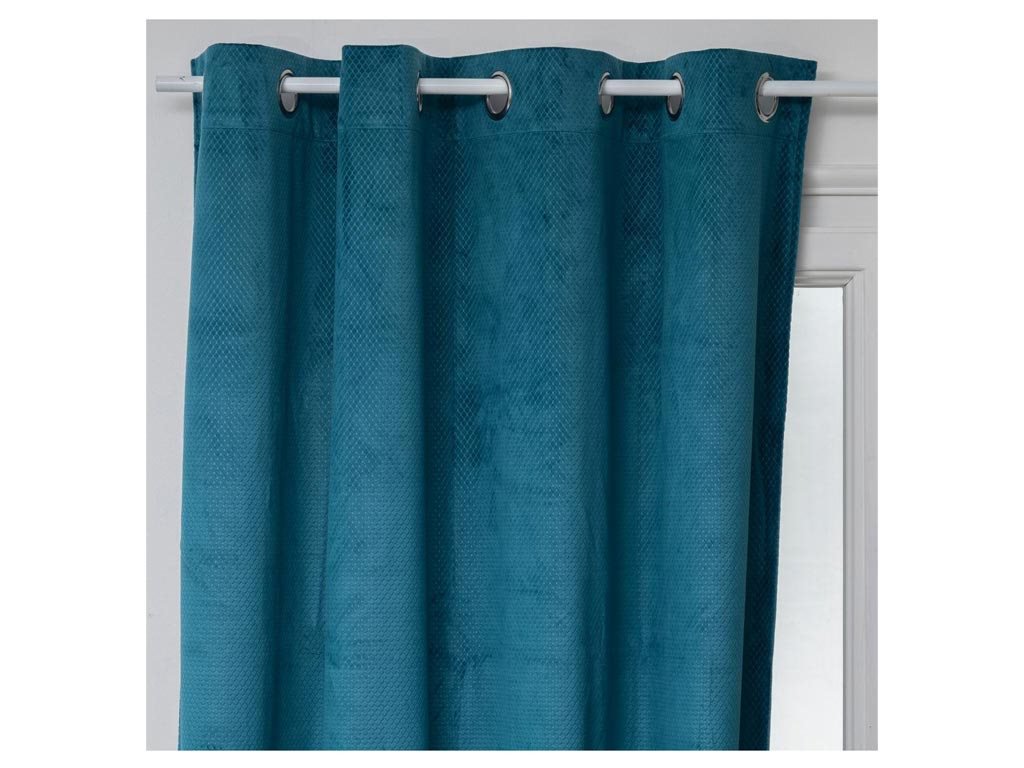 Κουρτίνα με τρουκς σε μπλε χρώμα με ανάγλυφο σχέδιο και βελούδινη υφή, 140x260 cm