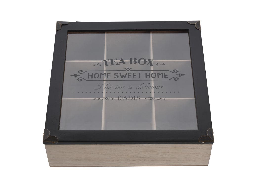 Ξύλινο Κουτί Αποθήκευσης 9 θέσεων για φακελάκια τσαγιού, 24x24x7 cm, Tea box Μαύρο