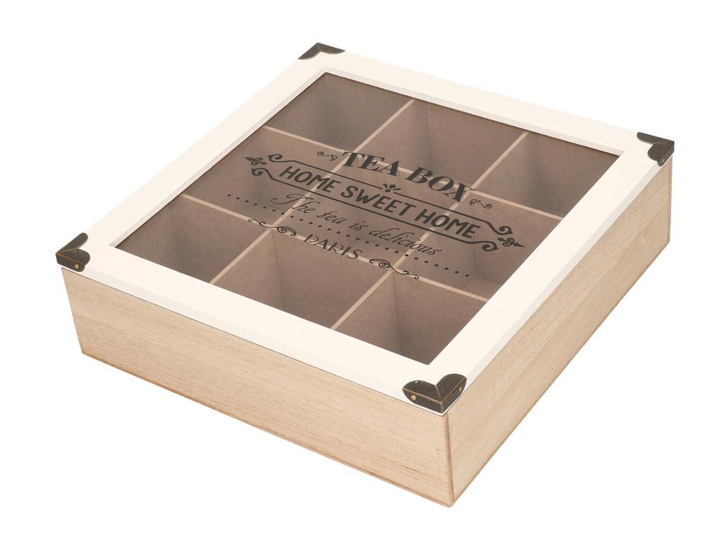 Ξύλινο Κουτί Αποθήκευσης 9 θέσεων για φακελάκια τσαγιού, 24x24x7 cm, Tea box Λευκό