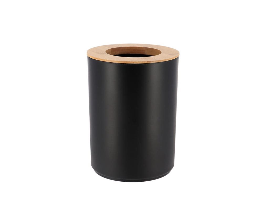 Κάδος απορριμάτων Μπάνιου Χωρητικότητας 5Lt σε Μαύρο χρώμα και ξύλινο καπάκι από Bamboo, 18.5x24 cm