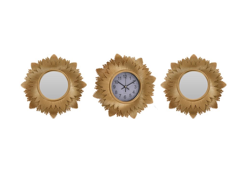 Σετ 3 τεμαχίων Ρολόι Τοίχου και 2 Καθρέφτες σε Χρυσό χρώμα από Πλαστικό,25x4x7.8 cm Wall Clock