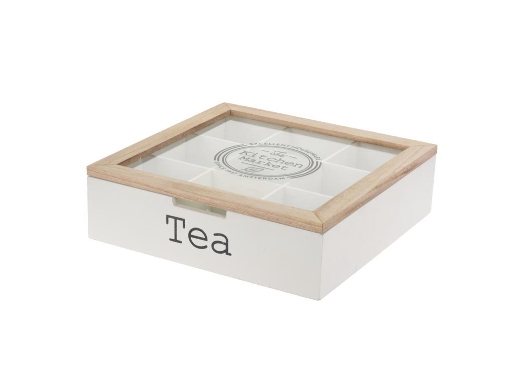 Ξύλινο Πρακτικό Κουτί αποθήκευσης για φακελάκια τσαγιού 9 θέσεων σε Λευκό χρώμα 24x24x7cm, Tea Box