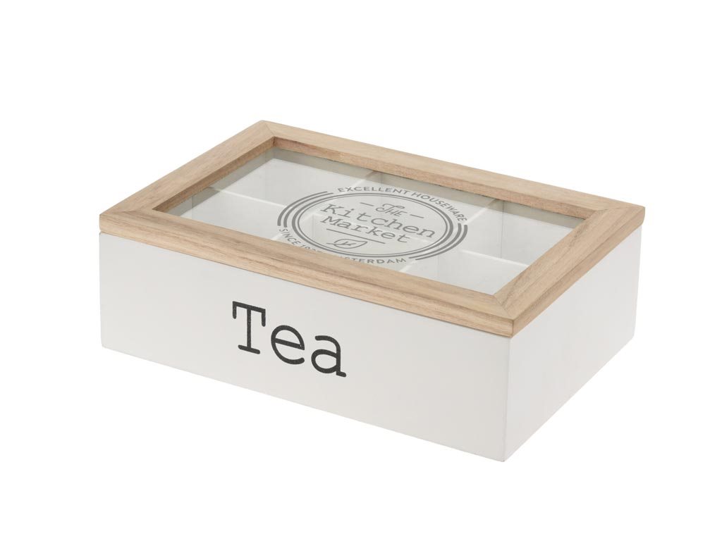 Ξύλινο Πρακτικό Κουτί αποθήκευσης για φακελάκια τσαγιού 6 θέσεων σε Λευκό χρώμα 24x16.5x7cm, Tea Box