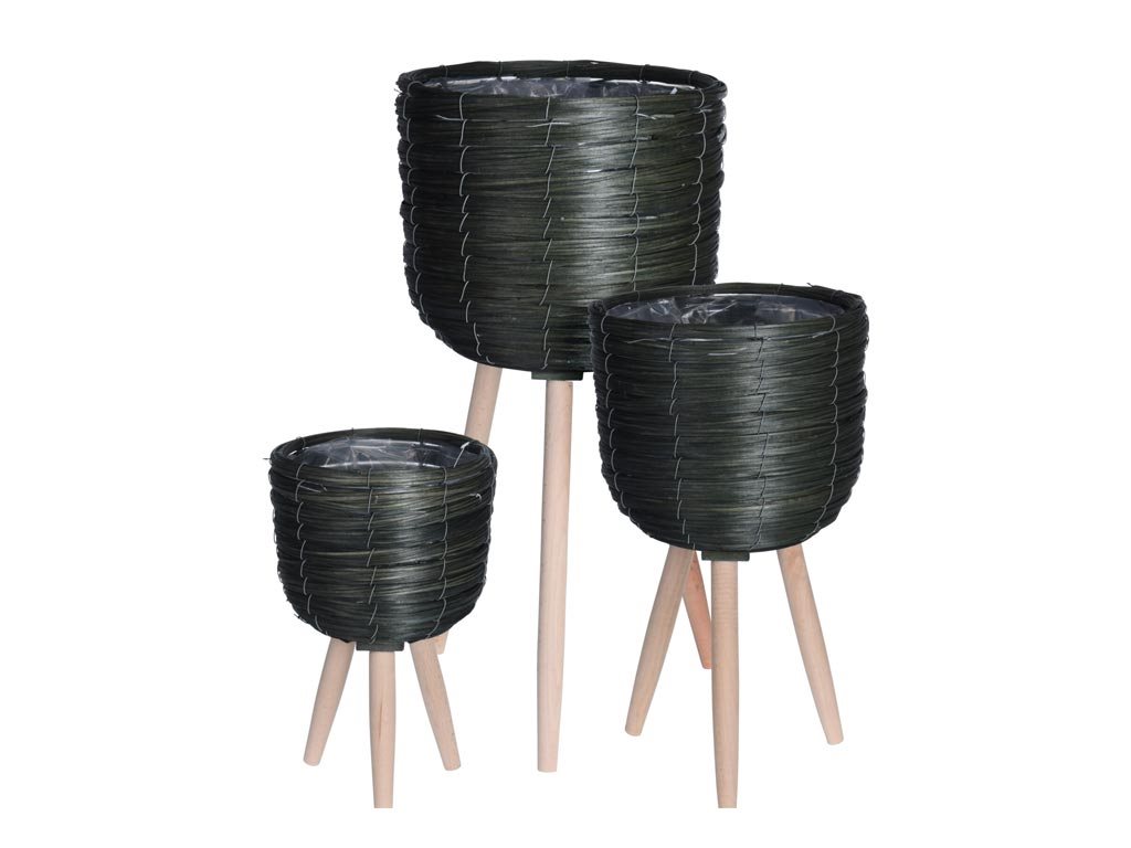 Σετ Κασπώ 3 τεμαχίων με Πλέξη από Bamboo και Ξύλινα Πόδια, σε Σκούρο Πράσινο χρώμα