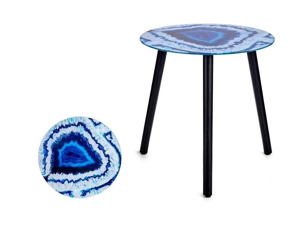 Τραπεζάκι Σαλονιού με μεταλλική βάση, γυάλινη επιφάνεια, εφέ μπλε μαρμάρο, 40x41.5x40 cm, Side table