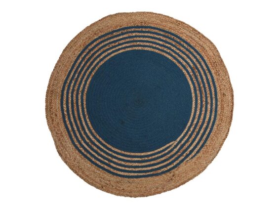 Στρογγυλό Χαλί Σαλονιού από Φυσική Γιούτα σε Καφέ Χρώμα με Μπλε Σχέδιο, 90 cm