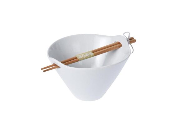Σετ Κεραμικό Μπολ για Νουντλς με Ξυλάκια Μπαμπού, σε Λευκό Χρώμα, 17x16x10 cm, Noodles Bowl