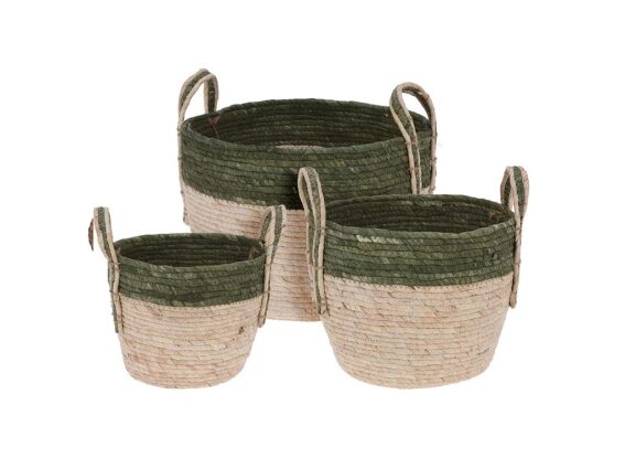 Σετ Πλεκτά Ψάθινα Καλάθια 3 τεμαχίων σε Μπεζ και Πράσινο χρώμα σε 3 μεγέθη, Decorative Baskets