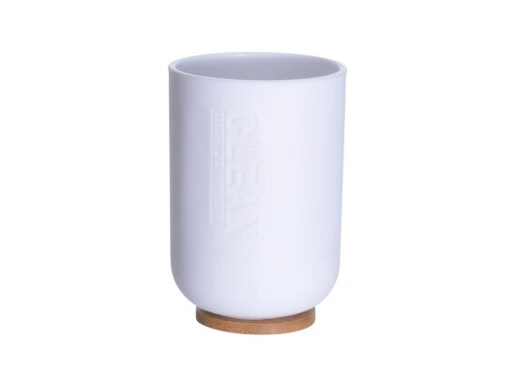 Πλαστικό Δοχείο Μπάνιου με ξύλινη βάση από Bamboo σε Λευκό χρώμα, 7x7x11 cm