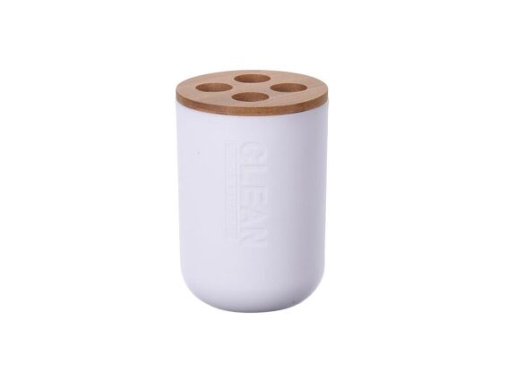 Πλαστικό Δοχείο Μπάνιου για Οδοντόβουρτσες με ξύλινο Καπάκι από Bamboo σε Λευκό χρώμα, 7x7x11 cm