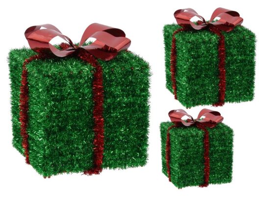 Σετ Χριστουγεννιάτικα Διακοσμητικά Κουτιά Δώρα 3 Τεμ σε Πράσινο χρώμα με κόκκινο φιόγκο