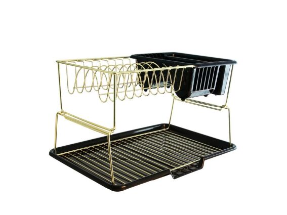 Στεγνωτήριο πιάτων κουζίνας διώροφο μεταλλικό, σε μαύρο-χρυσό χρώμα, 45x25x30 cm