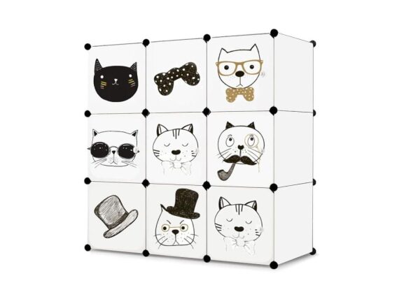 Σύστημα αποθήκευσης με 9 κύβους σε λευκό χρώμα, με θέμα γάτες, 110x110x37 cm