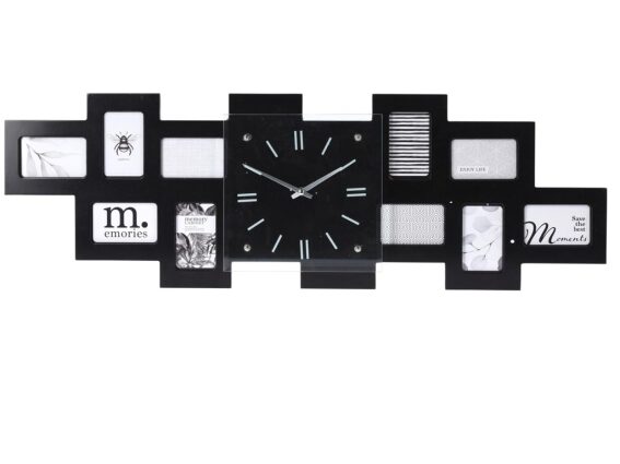 Ξύλινο Ρολόι Τοίχου με 10 Θέσεις για φωτογραφίες και Γυάλινη Επιφάνεια σε Μαύρο χρώμα, 80x6x26 cm