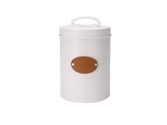 Μεταλλικό Βάζο για Καφέ με Καπάκι και Δερμάτινη Λεπτομέρεια σε Λευκό χρώμα, 11x11x15 cm