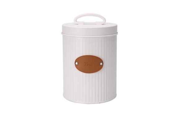 Μεταλλικό Βάζο για Τσάι με Καπάκι και Δερμάτινη Λεπτομέρεια σε Λευκό χρώμα, 11x11x15 cm