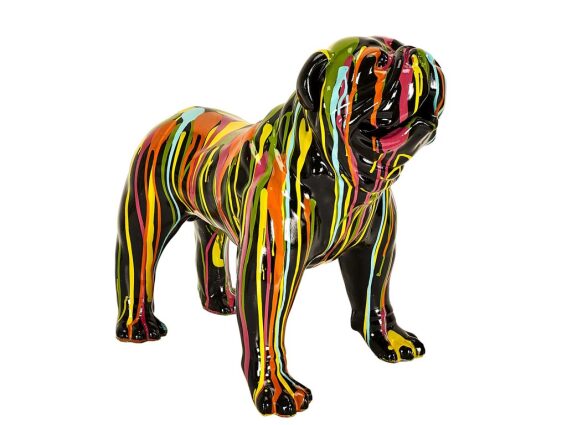 Διακοσμητικό Κεραμικό Σκυλάκι Bulldog σε Μαύρο χρώμα με Πολύχρωμες Ρίγες, 43x31x50 cm