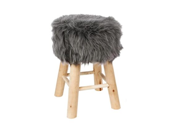 Ξύλινο Σκαμπό με κάθισμα από συνθετική γούνα σε γκρί χρώμα, 30x30x42 cm