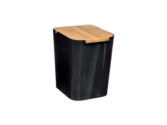 Κάδος Απορριμμάτων πλαστικός με bamboo καπάκι 5L, σε μαύρο χρώμα, 22.5x18.5x24.2 cm