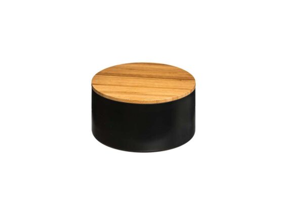 Mπιζουτιέρα με καθρέφτη, πλαστική με καπάκι από bamboo, σε μαύρο χρώμα, 13.5x13.5x7 cm