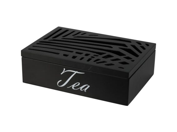 Κουτί αποθήκευσης τσαγιού 6 θέσεων, ξύλινο, σε μαύρο χρώμα, 24x16.5x7 cm, Tea box
