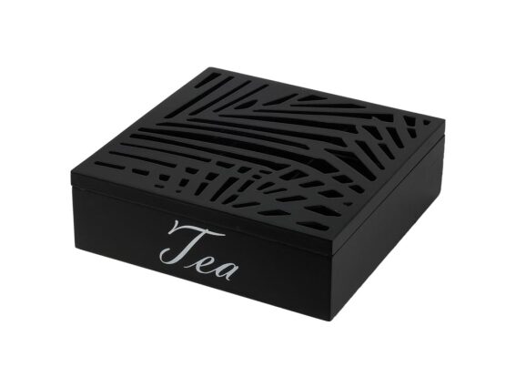 Κουτί αποθήκευσης τσαγιού 9 θέσεων, ξύλινο, σε μαύρο χρώμα, 24x24x7 cm, Tea box