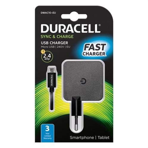 Duracell Φορτιστής Ταξιδιού με Έξοδο USB 2.4Α & Καλώδιο Micro USB 1m Μαύρο