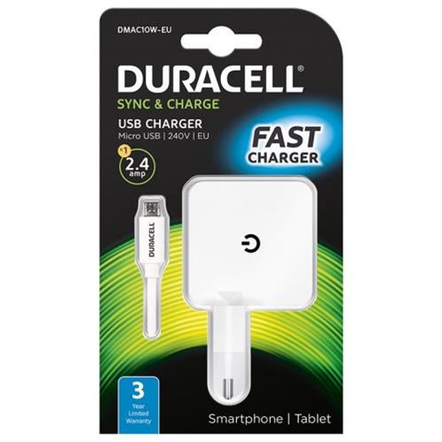 Duracell Φορτιστής Ταξιδιού με Έξοδο USB 2.4Α & Καλώδιο Micro USB 1m Λευκό