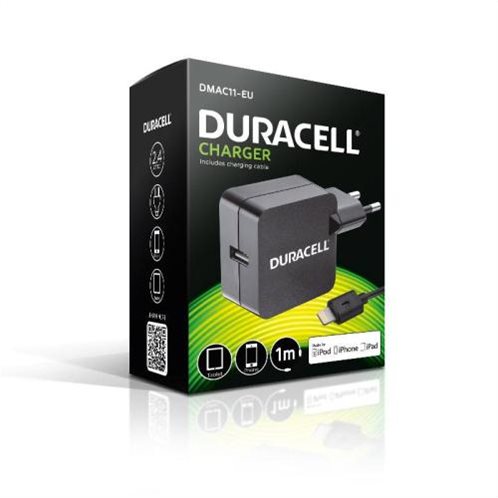 Duracell Φορτιστής Ταξιδιού με Έξοδο USB 2.4Α & Καλώδιο MFI Lightning 1m Μαύρο