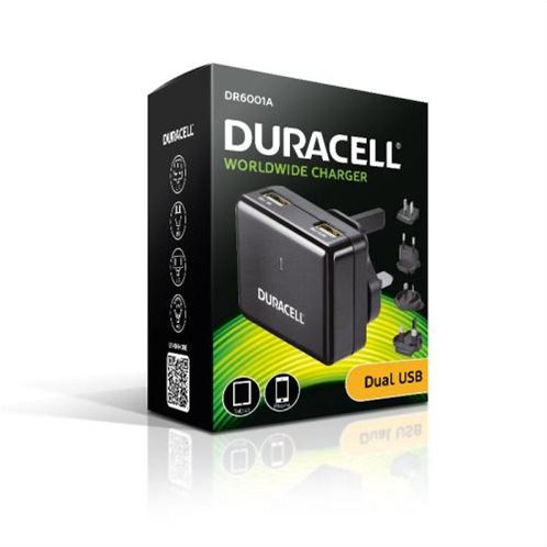 Φορτιστής Ταξιδίου Duracell Worldwide EU/UK/US/AU με Διπλή Έξοδο USB 3.4A Μαύρο