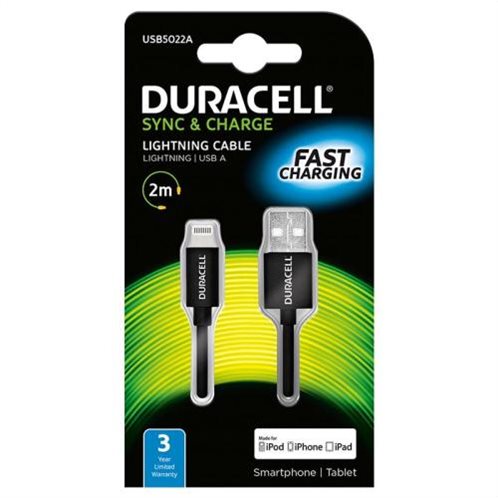 Duracell Καλώδιο Σύνδεσης USB 2.0 USB A to MFI Lightning 2m Μαύρο