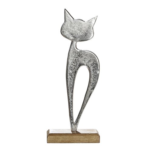 ARTELIBRE Διακοσμητικό Φιγούρα Γάτας Ασημί/Φυσικό Αλουμίνιο/Ξύλο 5x13x32cm