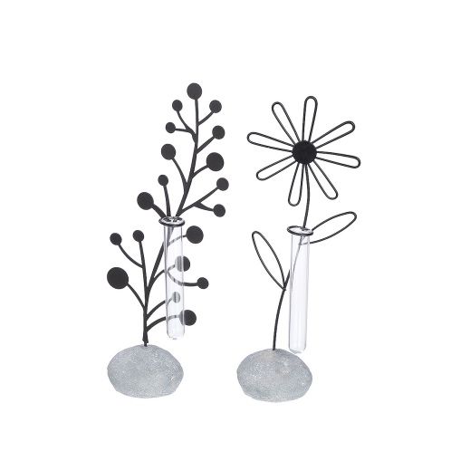ARTELIBRE Διακοσμητικό Λουλούδι Σε Πέτρα Με Δοκιμαστικό Σωλήνα Μαύρο/Γκρι Μέταλλο/Γυαλί/Πλαστικό 6x11x24cm