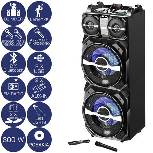 Akai DJ-T5 Φορητό ηχείο με μίκτη, διπλό Bluetooth, LED, 2 USB, 2 SD, 2 Aux-In και μικρόφωνο – 300 W