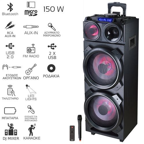Akai DJ-3210 Φορητό ηχείο Bluetooth με μίκτη, LED, ασύρματο μικρόφωνο, USB, Aux-In – 150 W RMS