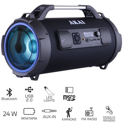 Akai ABTS-13K Φορητό ηχείο Bluetooth karaoke με LED, USB, micro SD και Aux-In – 24 W