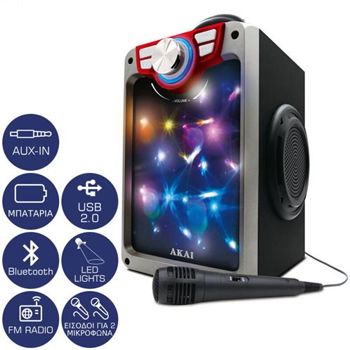 Akai CEU7300-BT Φορητό ηχείο Bluetooth karaoke με LED, μικρόφωνο, FM, USB και Aux-In – 6 W