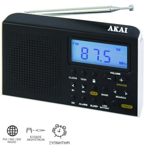 Akai AWBR-305 Φορητό ραδιόφωνο παγκοσμίου λήψης με οθόνη και ρολόι - Μαύρο
