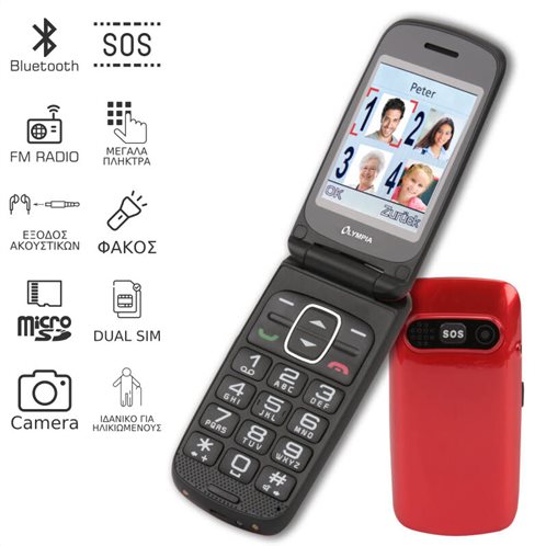 OLYMPIA PRIMUS GR Dual SIM Κινητό τηλέφωνο για ηλικιωμένους με ελληνικό μενού, κουμπί SOS και κάμερα Κόκκινο