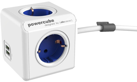 Allocacoc® PowerCube |Original Extended USB| Πολύπριζο 4 θέσεων &amp; 2 USB – Μπλε