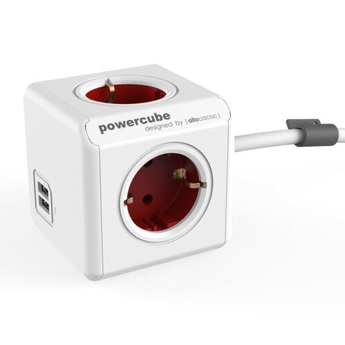 Allocacoc® PowerCube |Original Extended USB| Πολύπριζο 4 θέσεων &amp; 2 USB – Κόκκινο