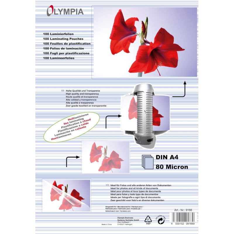 Olympia Δίφυλλο Πλαστικοποίησης Din A4 80 microns 100τμχ 9166